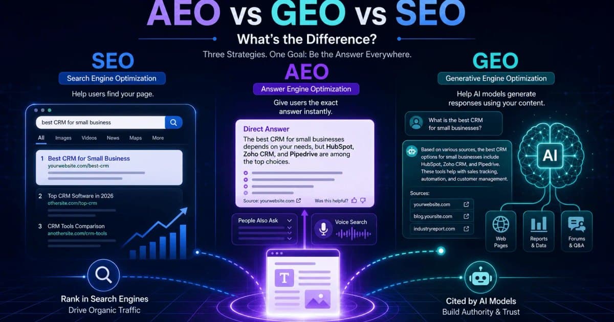AEO vs GEO vs SEO: What's the Difference, and How I Optimized One Website for All Three