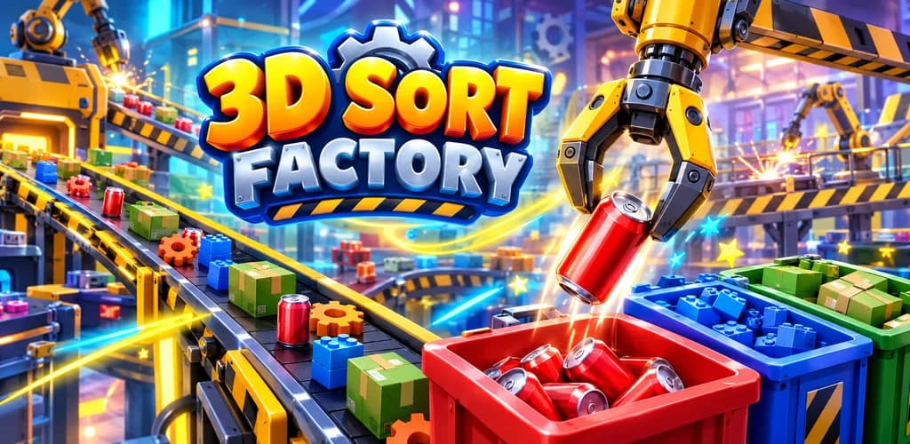 3D Sort Factory: a robot arm drops a parcel into a bin beside colorful conveyor belts