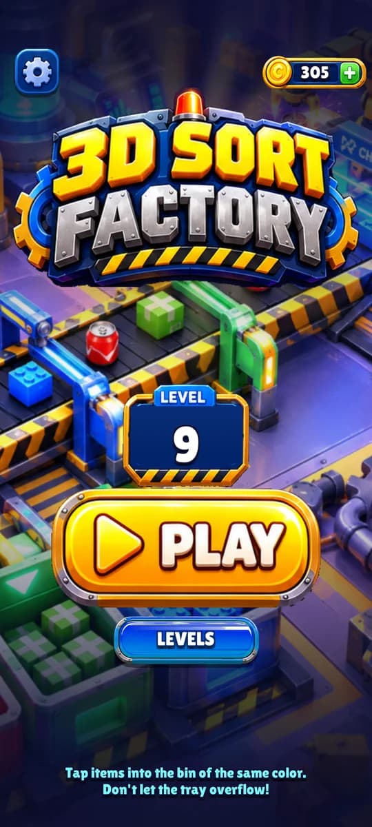 3D Sort Factory home screen with the level plate and Play button