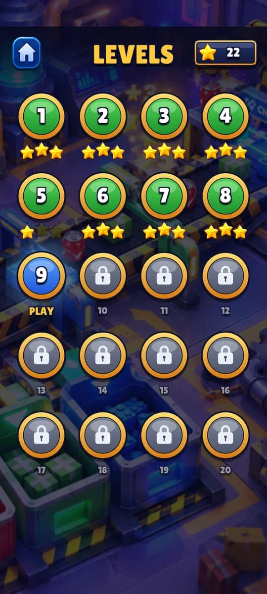 Level map with finished levels, stars and locked levels ahead