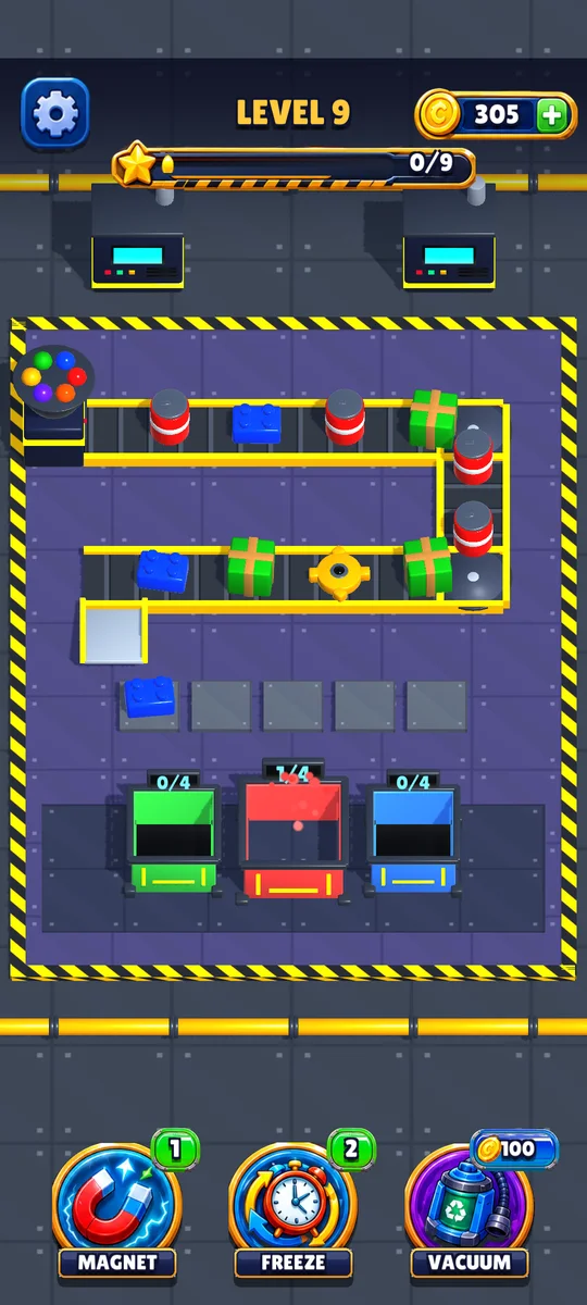 Toys riding the 3D conveyor belt above colored bins, with Magnet, Freeze and Vacuum boosters