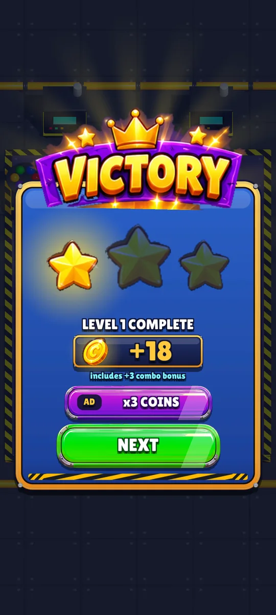 Victory screen with stars, coin reward and confetti