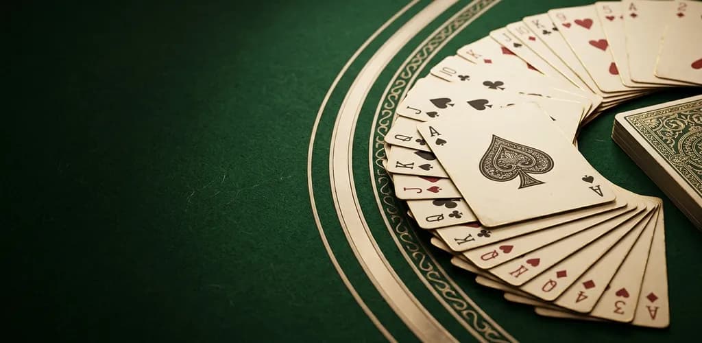 A fan of ivory playing cards with the Ace of Spades on top, on an emerald felt table with a gold border