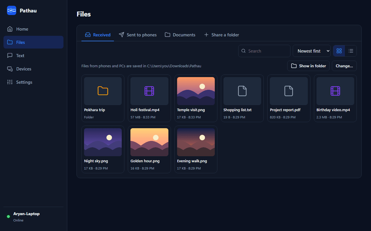 Pathau Files page in dark mode