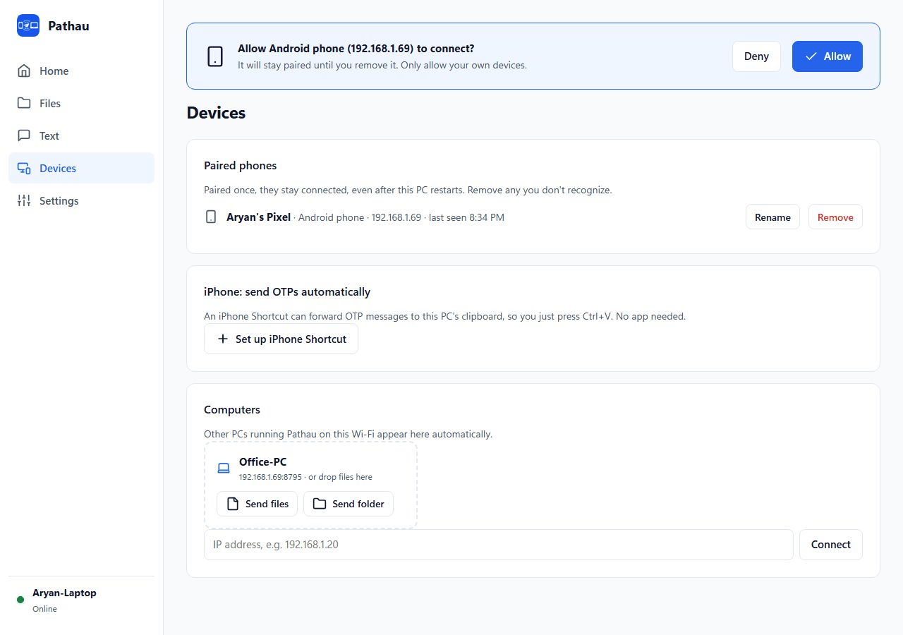 Pathau Devices page asking to allow a new Android phone, with paired phones and nearby computers