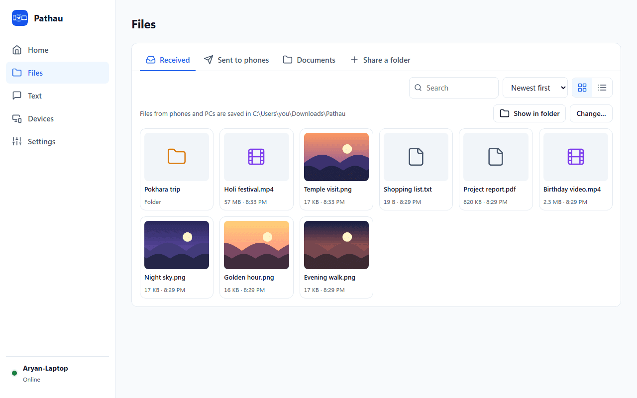 Pathau Files page in grid view: received photos with thumbnails, videos, documents and a folder