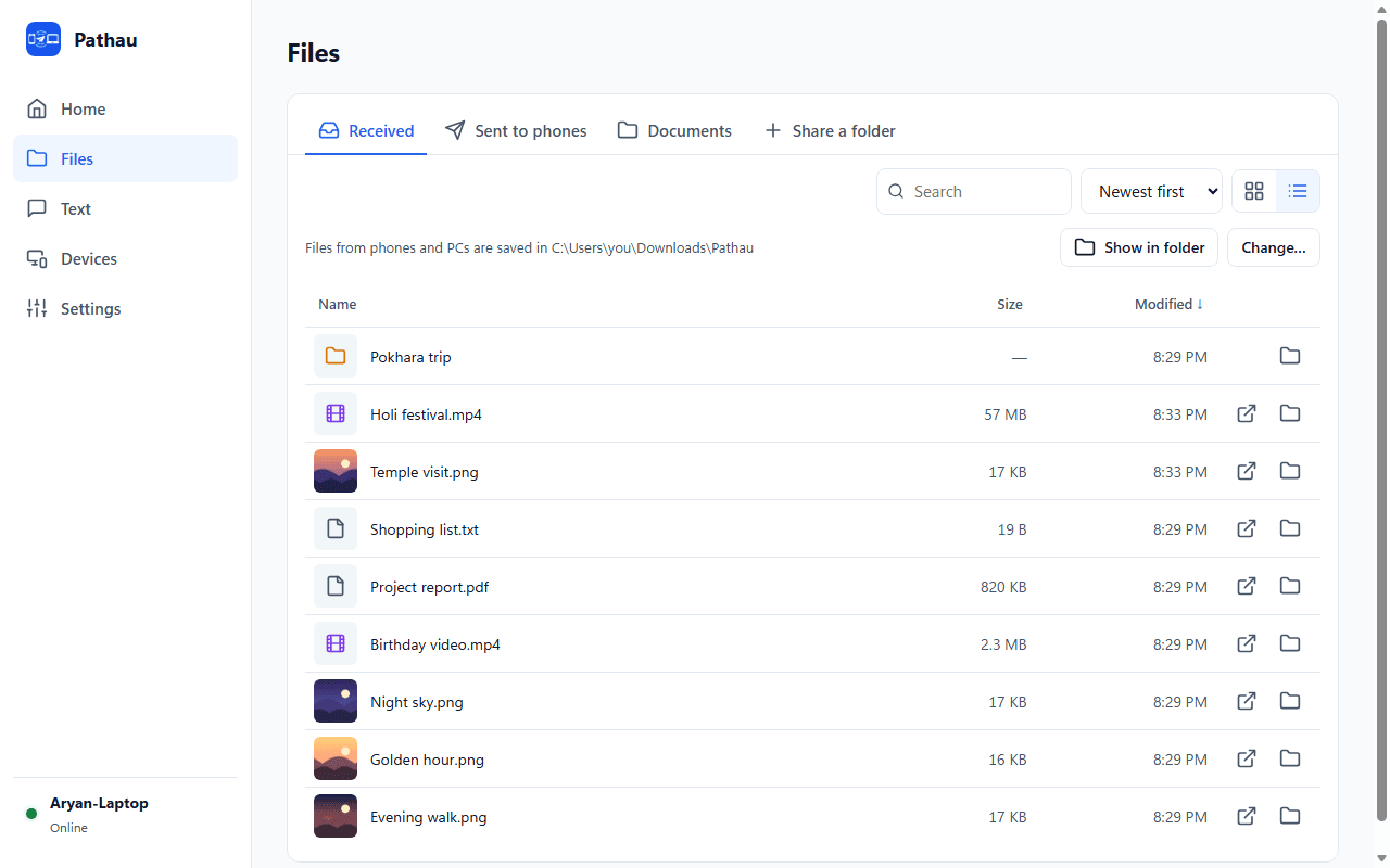 Pathau Files page in list view with name, size and modified date columns and Open and Show in folder buttons