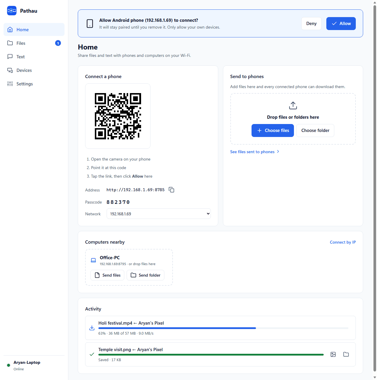 Pathau on a Windows PC: QR code to connect a phone, Send to phones, a nearby computer and a phone upload in progress