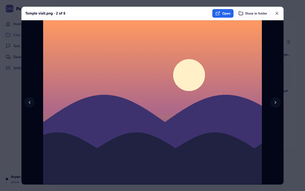 Full-screen photo preview in Pathau with previous and next arrows, Open and Show in folder buttons