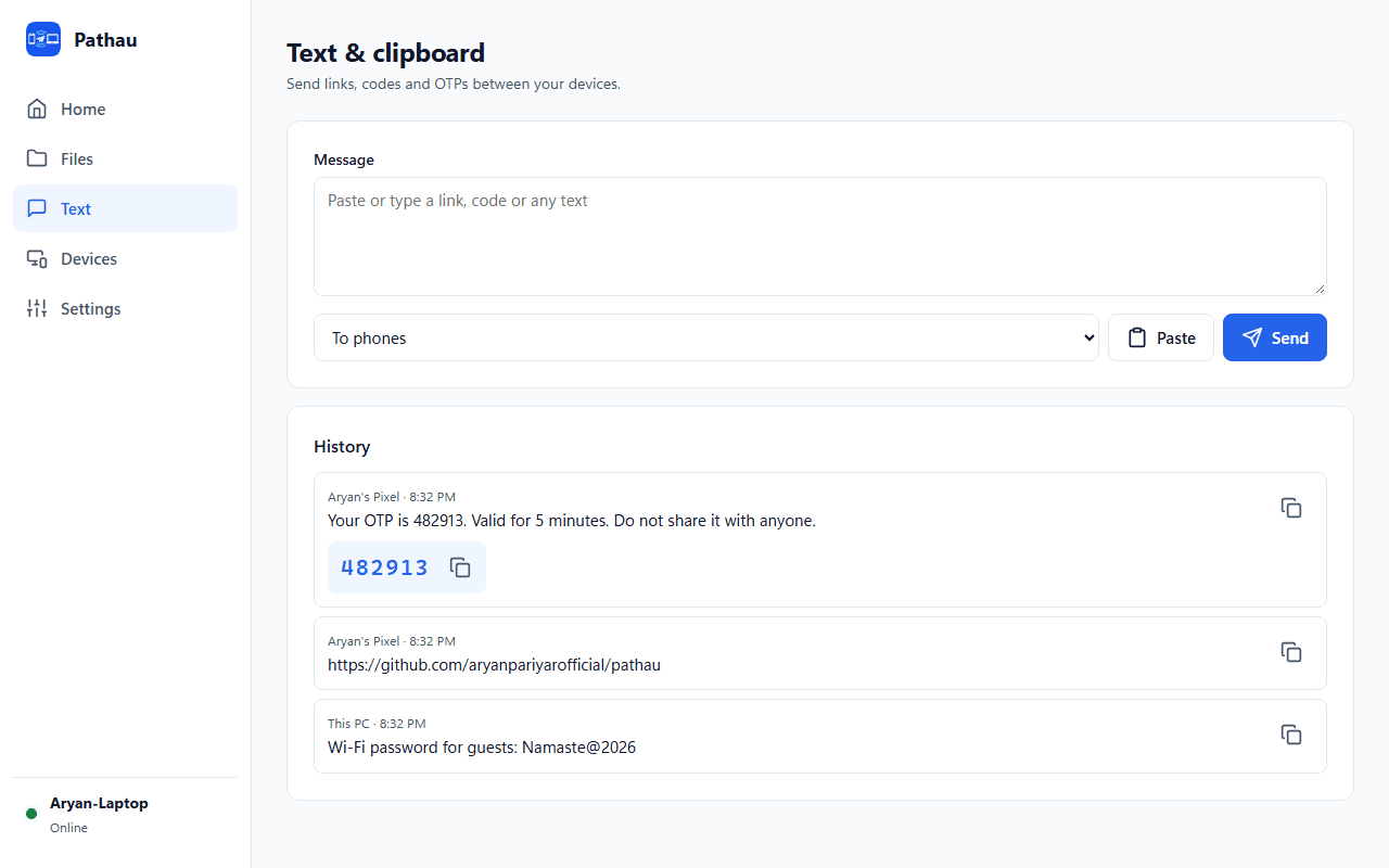 Pathau text history with a link, a Wi-Fi password and an OTP message whose code 482913 is highlighted