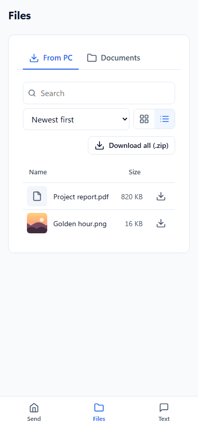 Pathau on a phone: files from the PC listed with download buttons