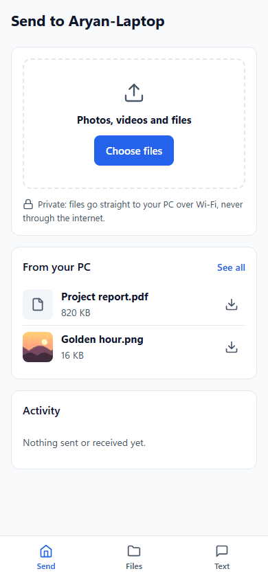 Pathau on an Android phone: send photos and files to the PC