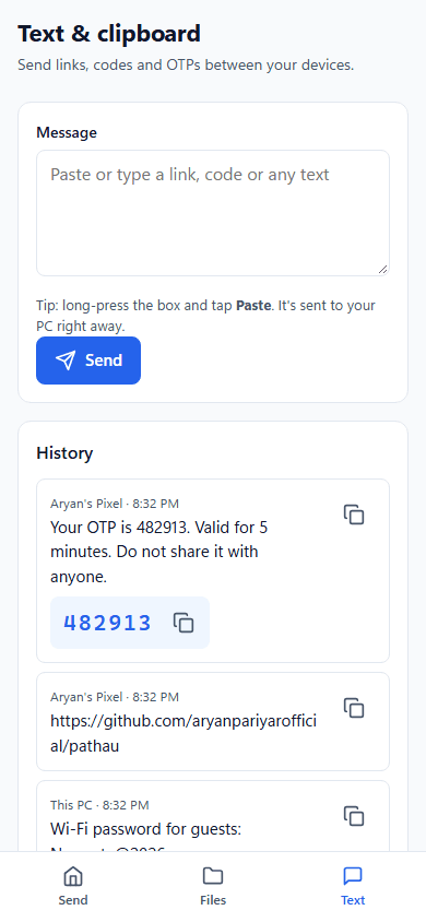 Pathau on a phone: text history with an OTP code ready to copy