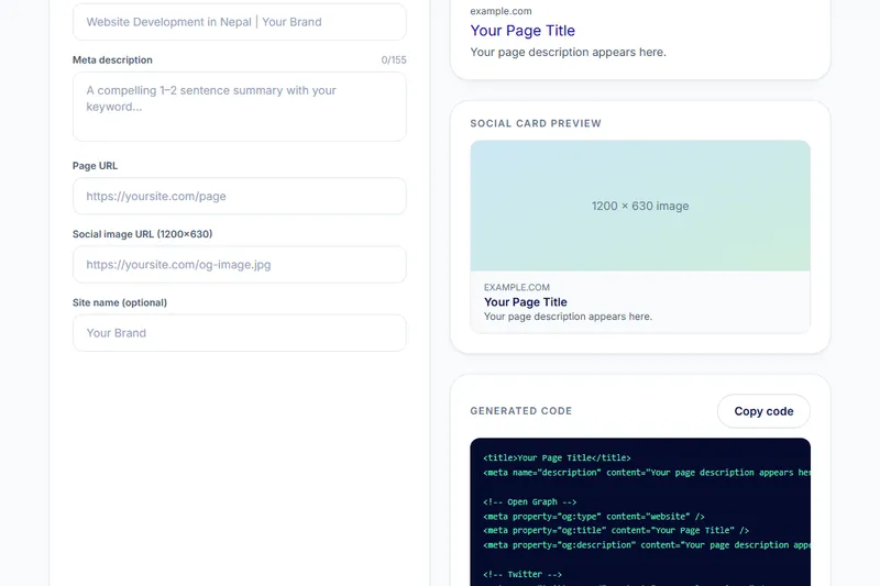 Meta Tag & OG Preview Generator interface
