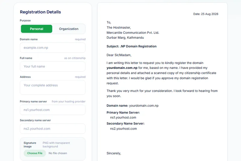 .NP Domain Cover Letter Generator interface